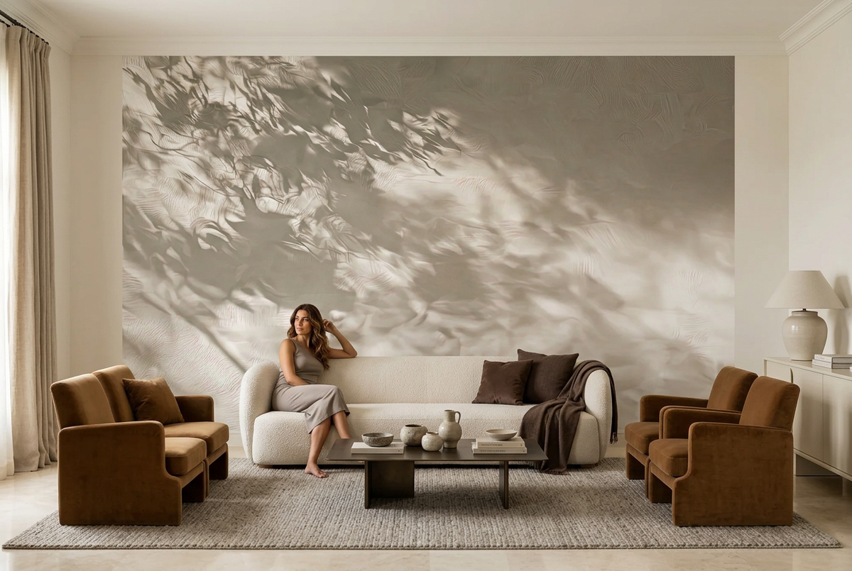 Papier peint panoramique L'Ombre du verger dans un salon, mise en scène
