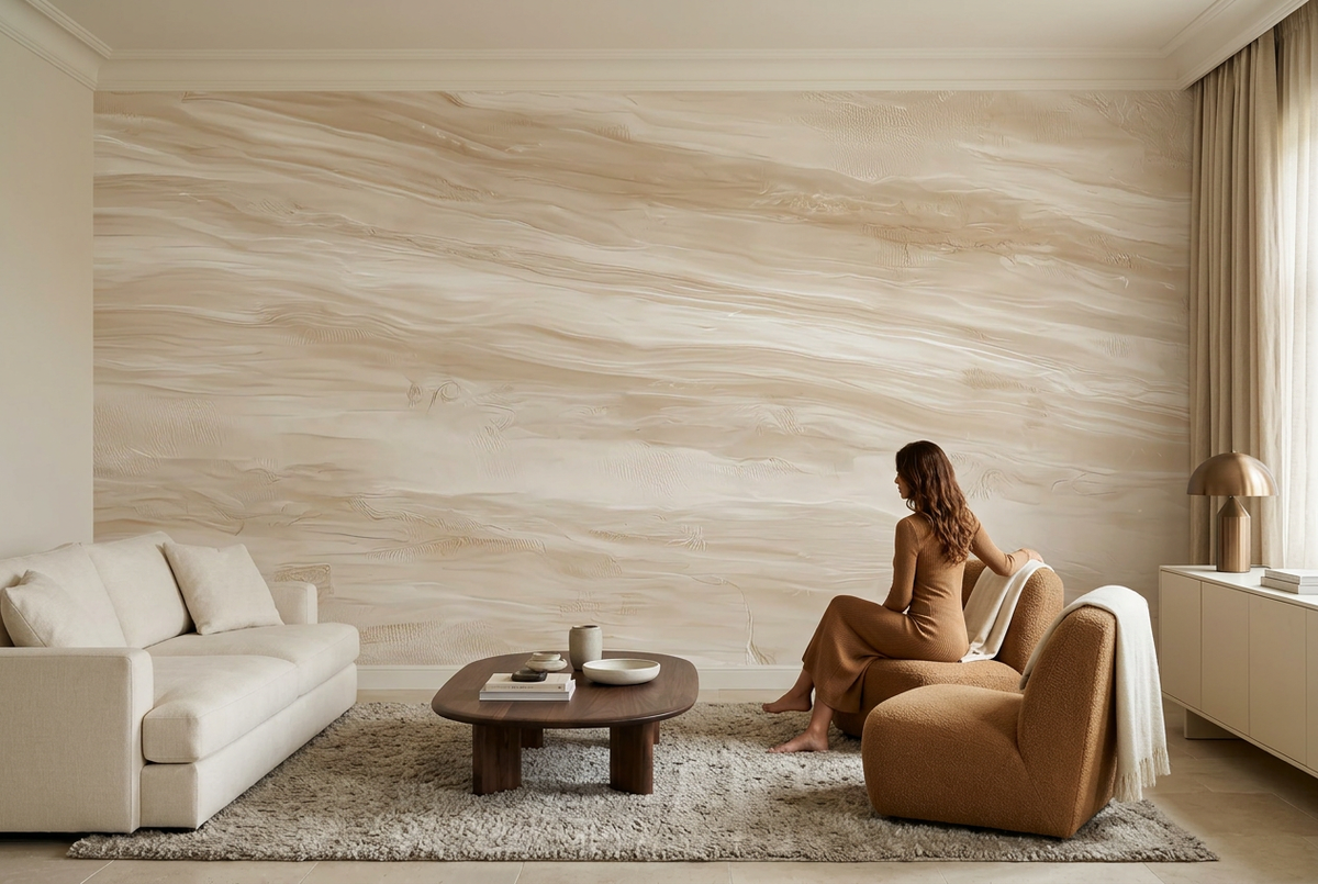 Papier peint panoramique La Pierre lissée dans un salon, mise en scène