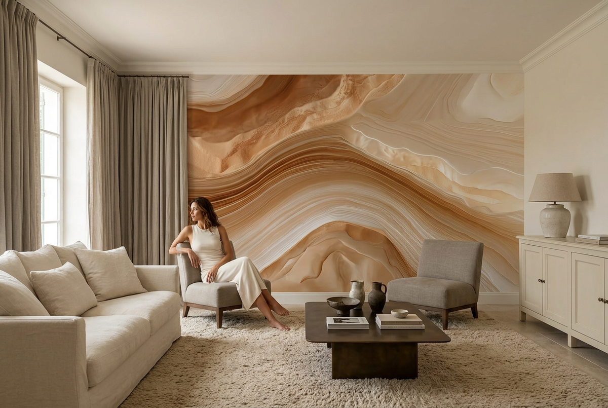 Papier peint panoramique La Strate ambrée dans un salon, mise en scène