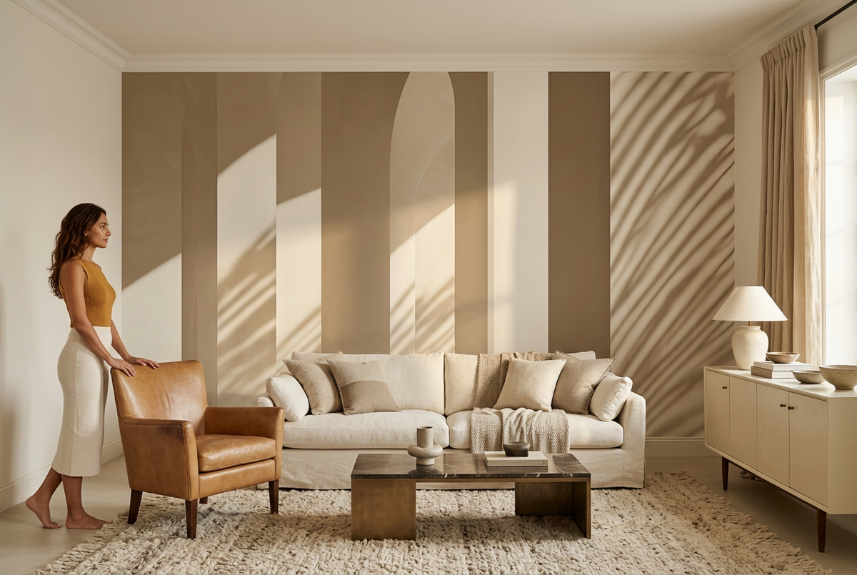 Papier peint panoramique Les Colonnes au soleil dans un salon, mise en scène