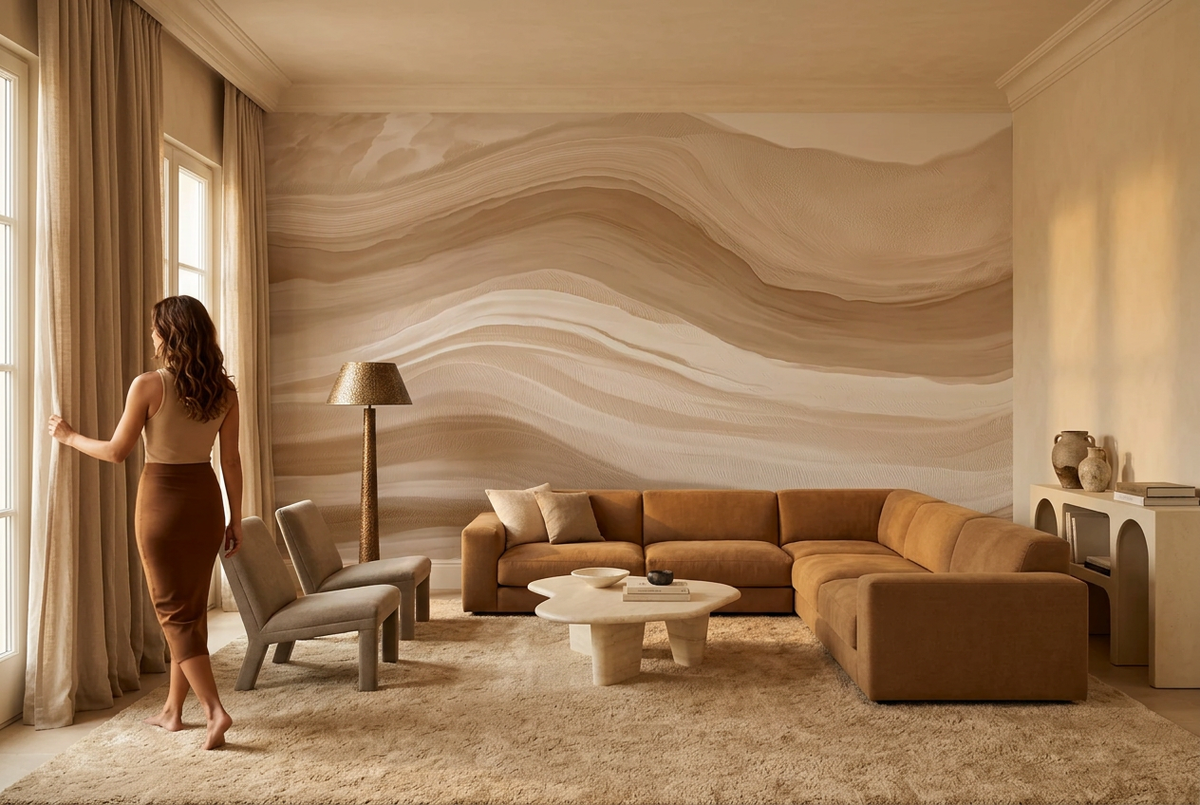 Papier peint panoramique Les Ondes de grès dans un salon, mise en scène