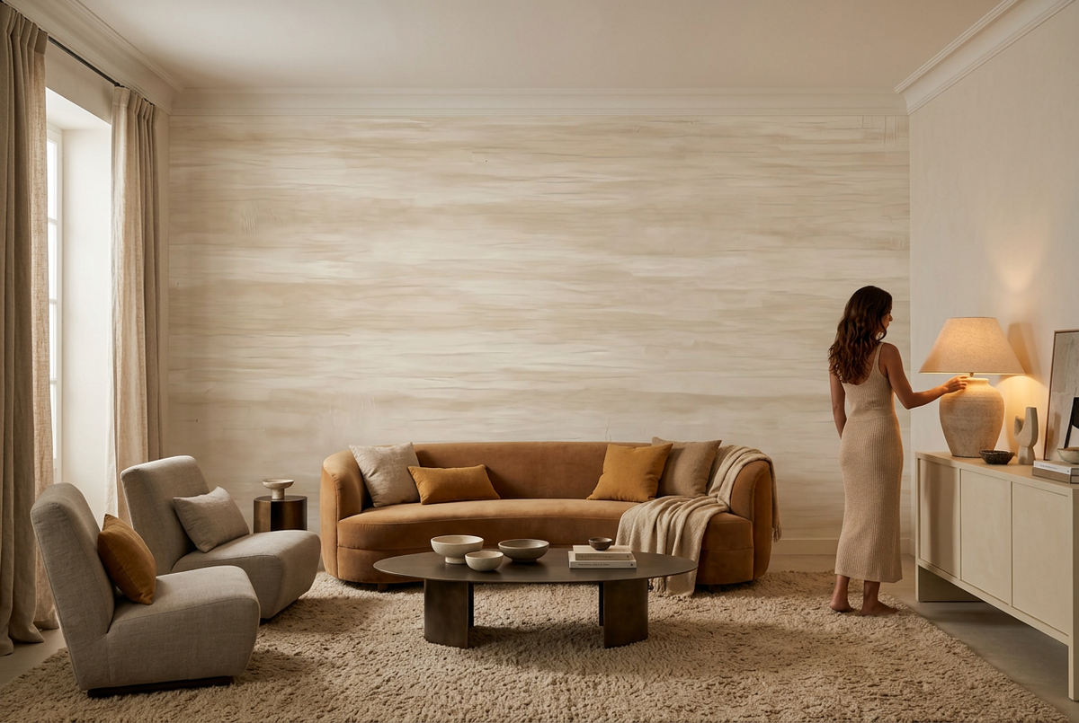 Papier peint panoramique Le Travertin clair dans un salon, mise en scène
