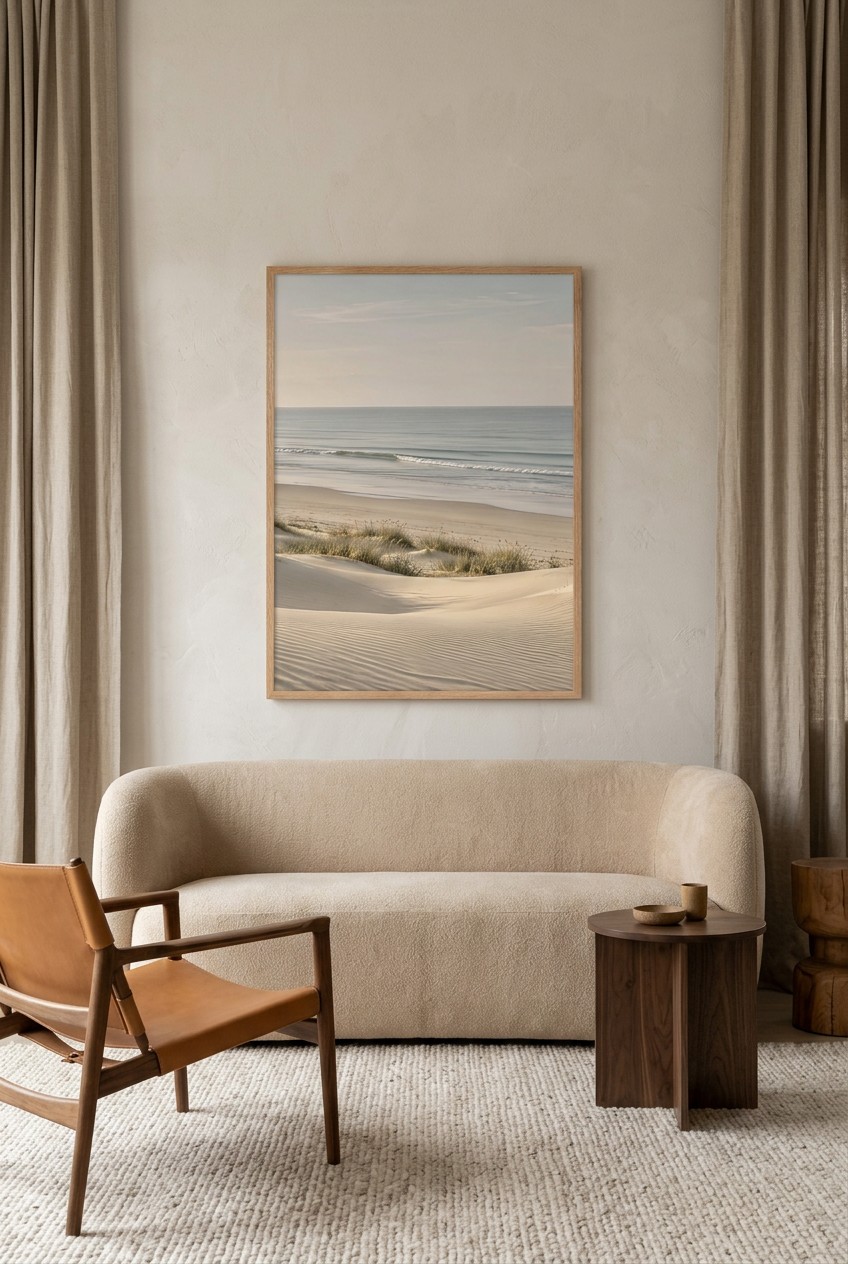 La Vague Lointaine — affiche en cadre chêne dans un salon