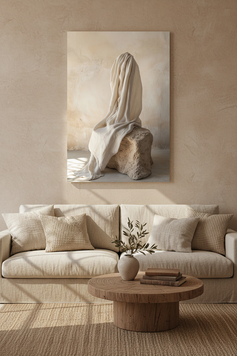 The Veiled Presence poster above a sofa — ivory linen drapery on a raw stone block