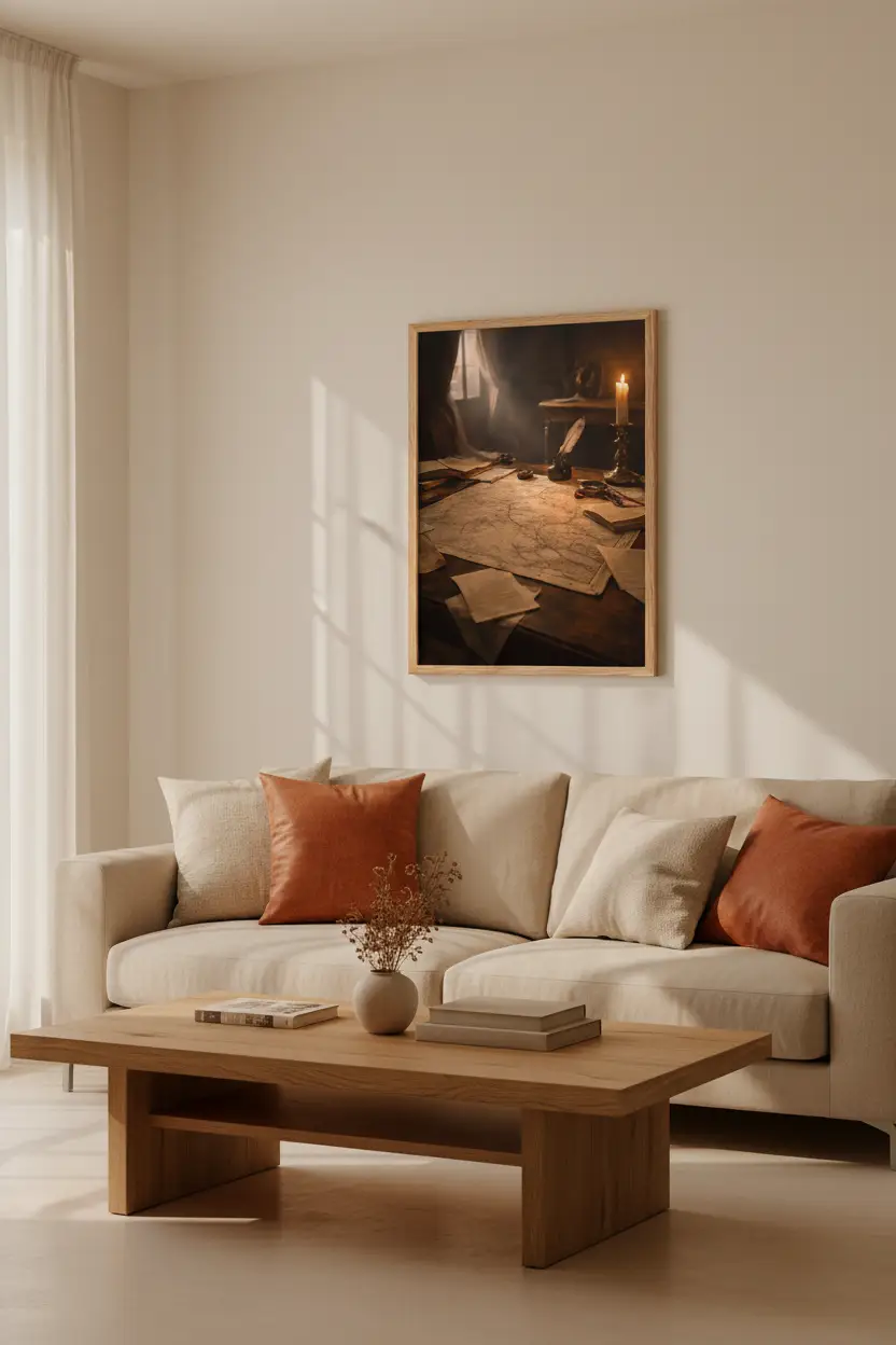 Table du Cartographe — Affiche Murale Minimaliste Ambre et Bois Lumière Intime et Cartographie Rétro — affiche murale minimaliste | Cassili-home