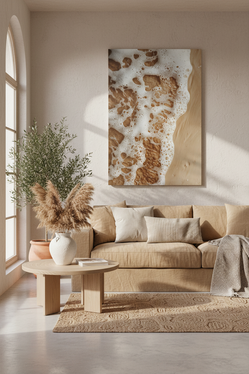 Sand and Foam poster above a sofa — aerial view of white foam on golden ochre sand