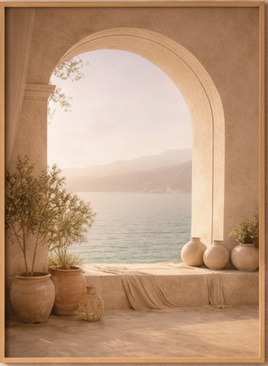 Horizon Méditerranéen — Affiche Murale Minimaliste Beige et Blanc Architecture Méditerranéenne — affiche murale minimaliste | Cassili-home