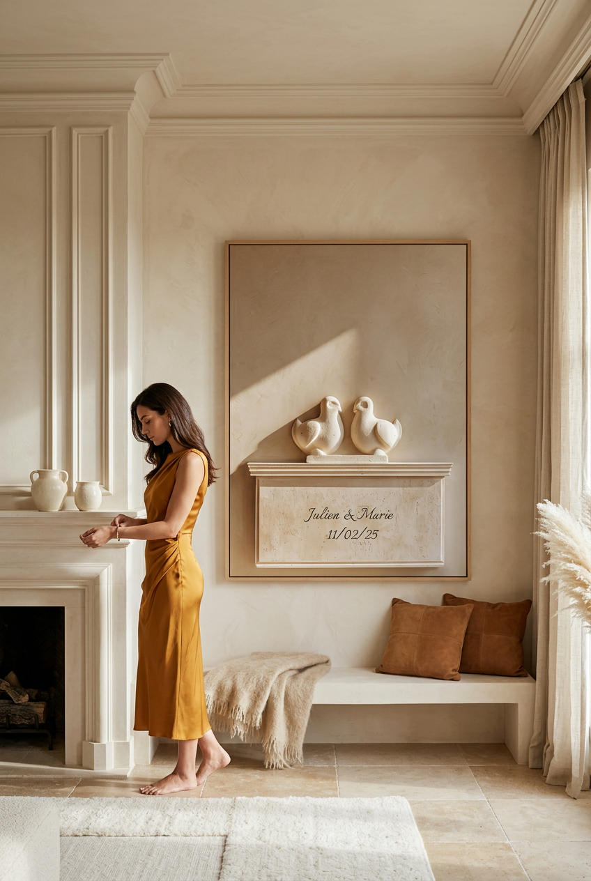 Le Colombe — poster personalizzabile: due colombe scolpite su una stele di pietra con nomi e data, con una donna che lo osserva