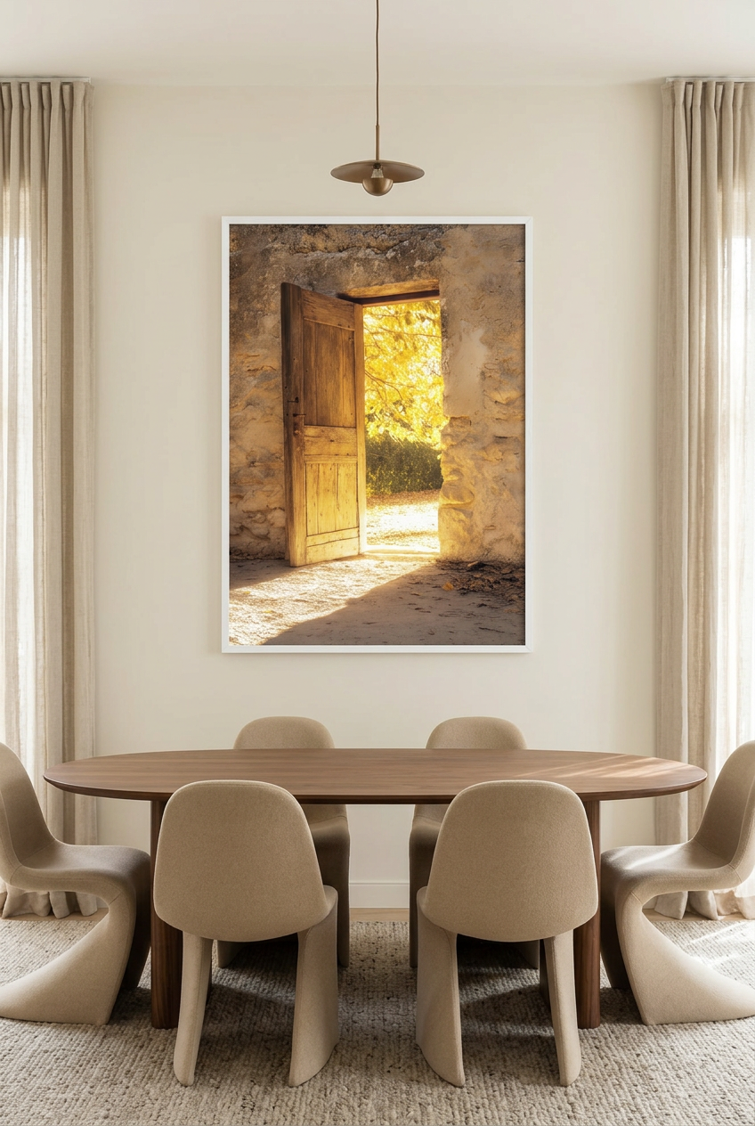 Limiar de Luz — poster com moldura branca numa sala de jantar