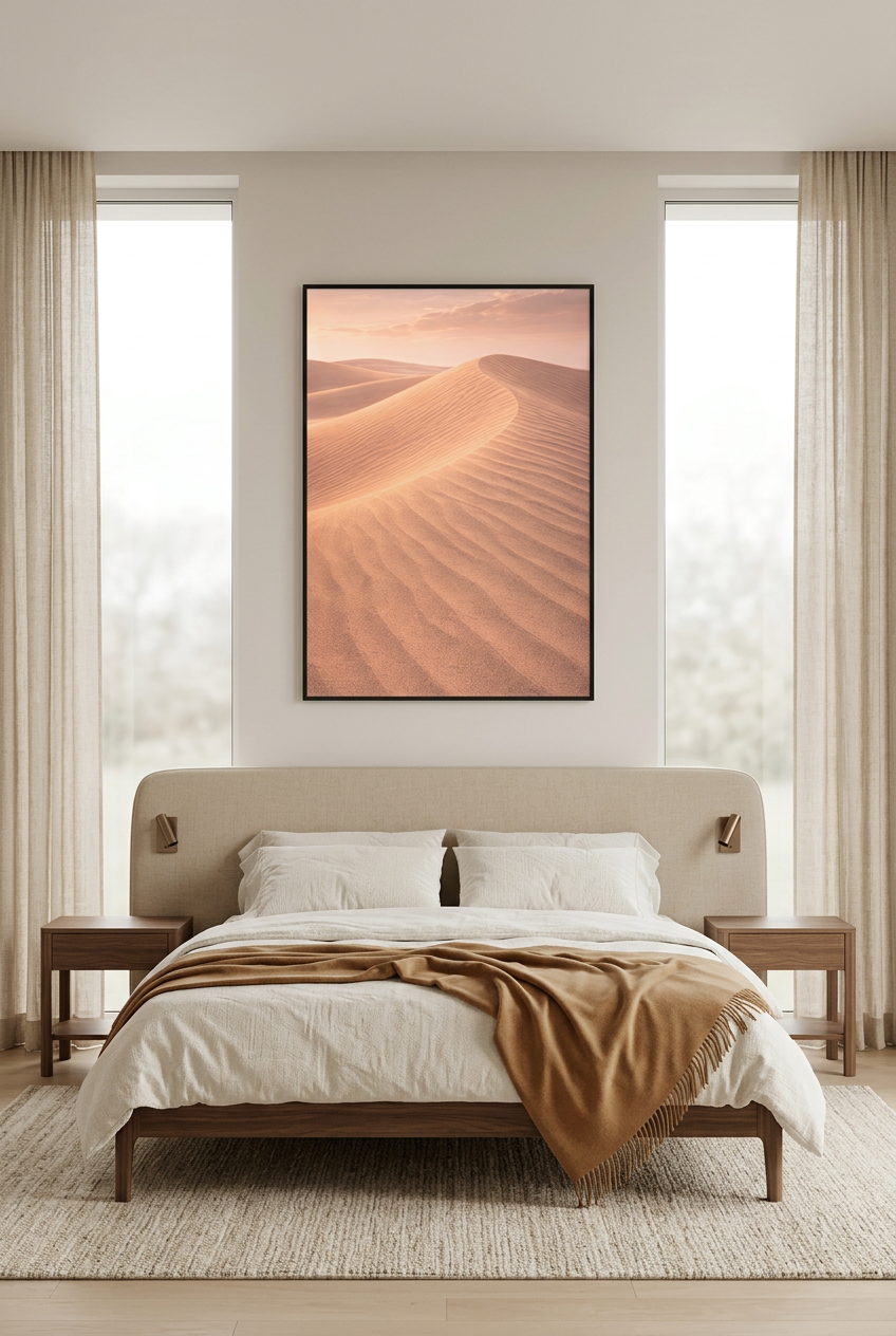 Stilte van de Duinen — poster in zwarte lijst boven een bed