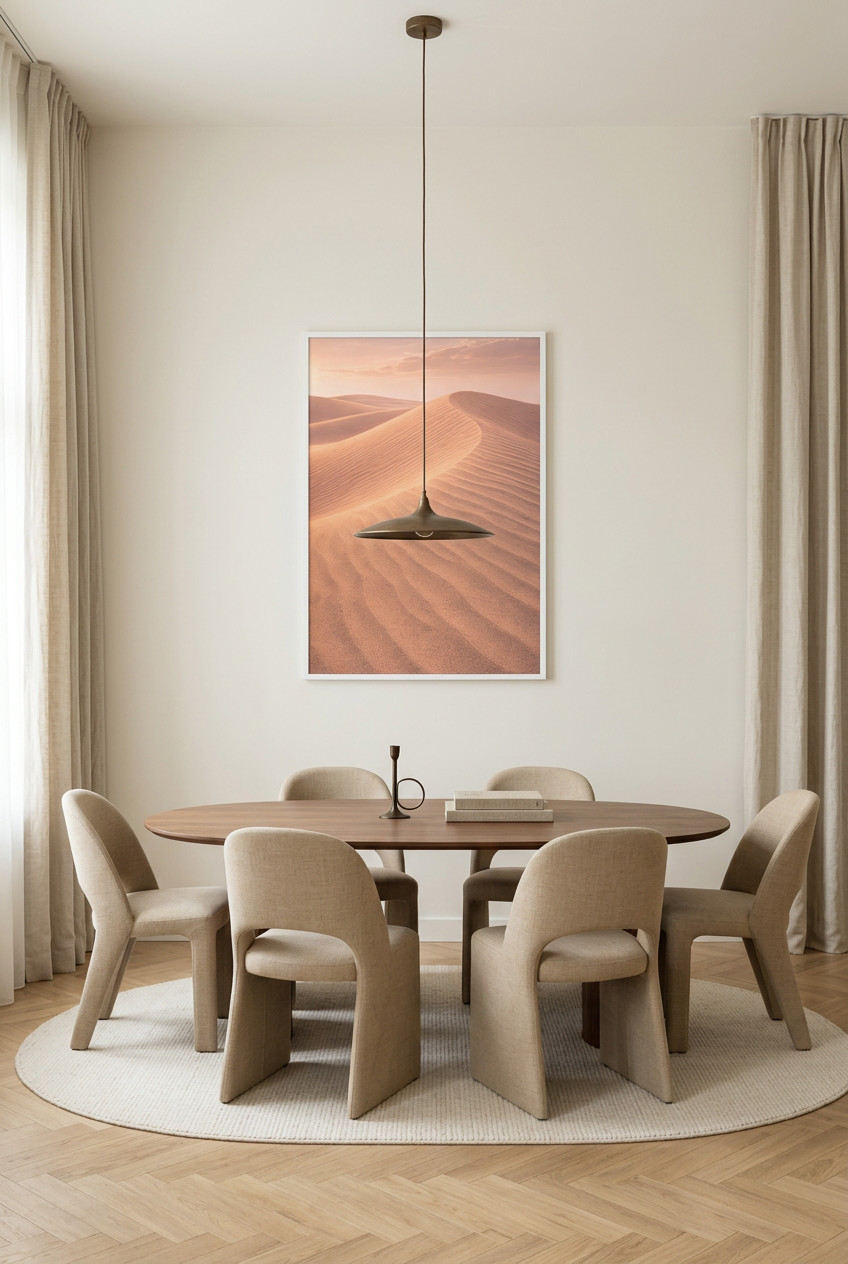 Stilte van de Duinen — poster in witte lijst boven een eettafel