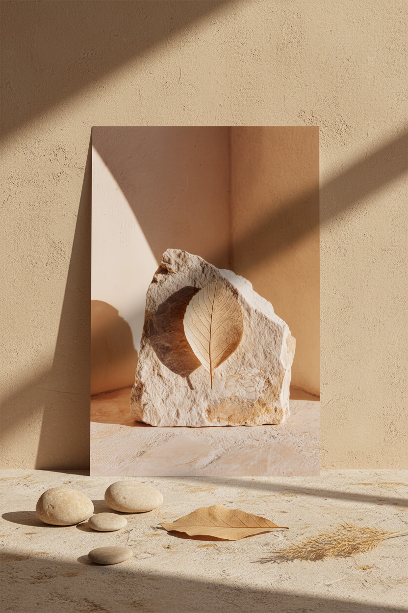 The Stone and the Leaf poster resting on the floor against a cream wall — pierced limestone block and dried leaf