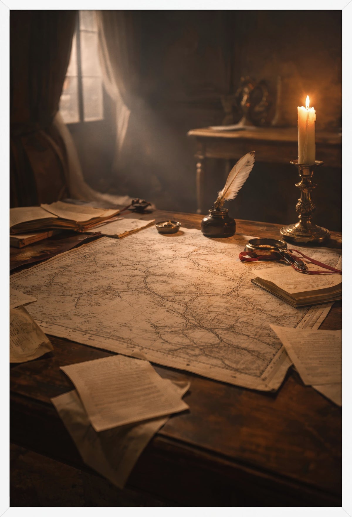 Cartographer's Table — poster in a white frame, front view