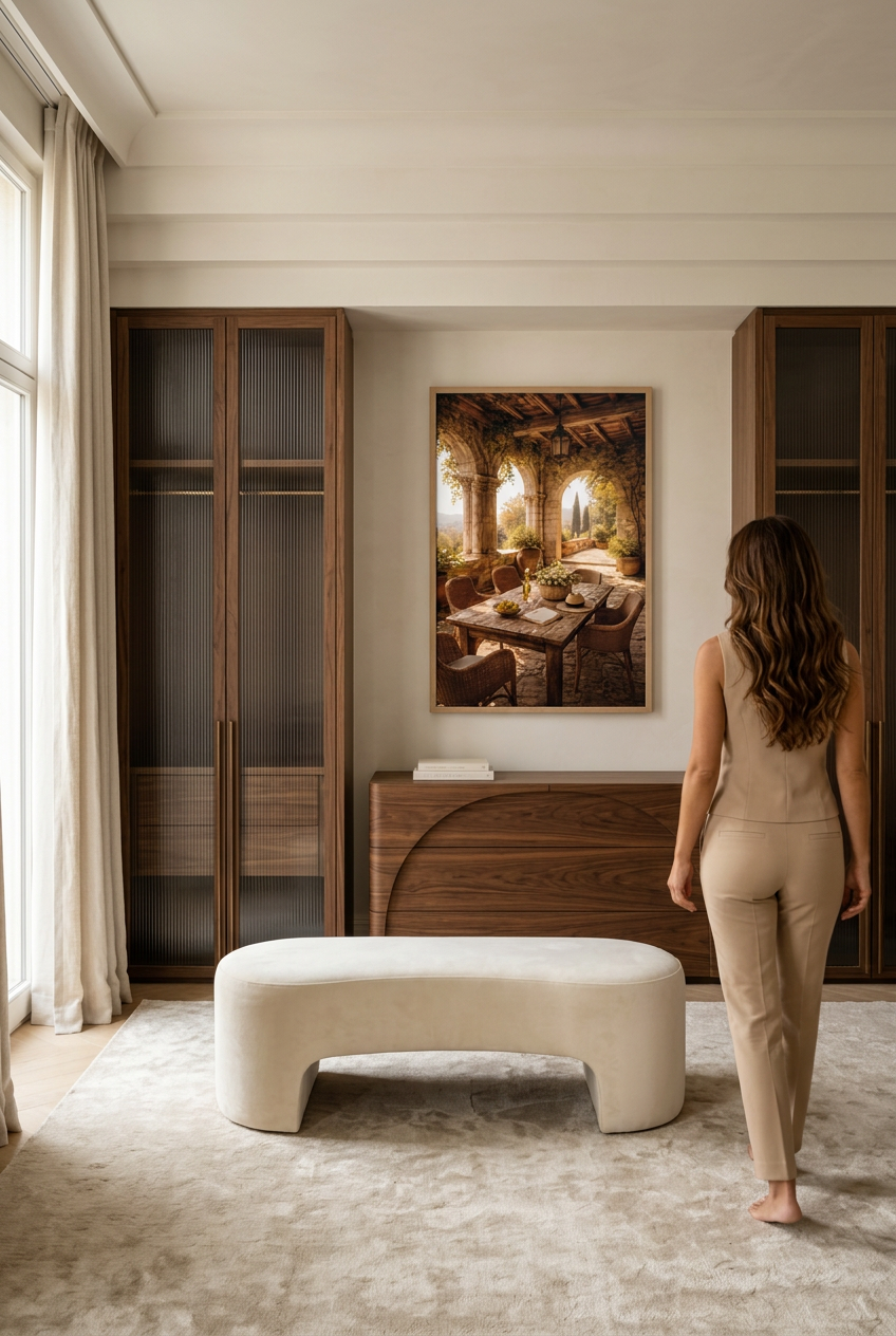 Provence Terrace — woman in front of the poster in an oak frame