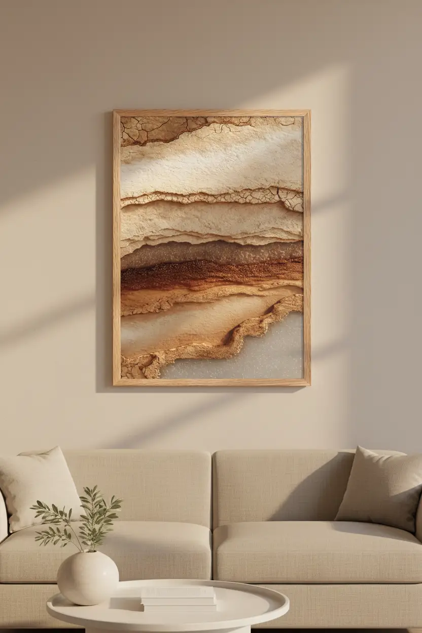 Les Strates de l’Ocre — Affiche murale minimaliste macro strates sédimentaires grès ocre brun lumière rasante minéral, affiche murale minimaliste avec cadre bois, décoration murale salon ou chambre, style méditerranéen