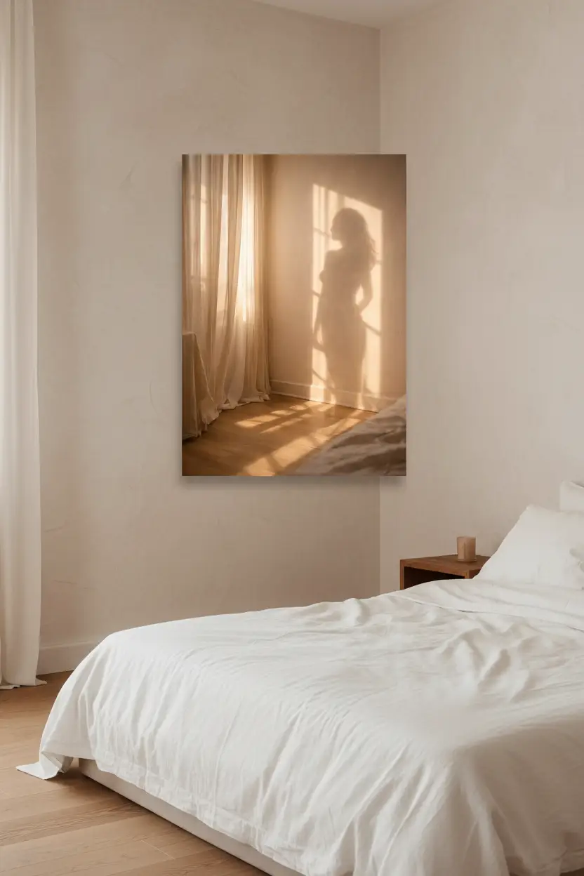 Le Voile Doré — Affiche murale minimaliste silhouette féminine lumière dorée voilage, affiche murale minimaliste avec cadre bois, décoration murale salon ou chambre, style méditerranéen