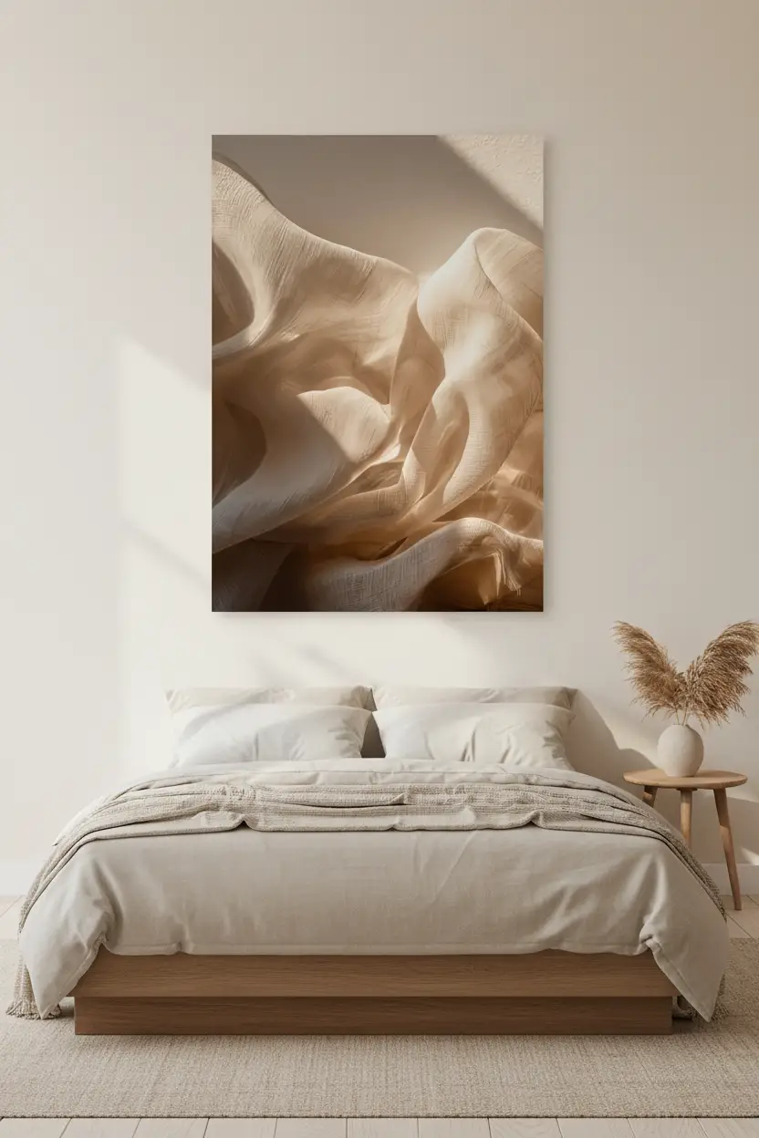 Les Vagues de Lin — Affiche murale minimaliste ivoire texture abstrait, affiche murale minimaliste avec cadre bois, décoration murale salon ou chambre, style méditerranéen