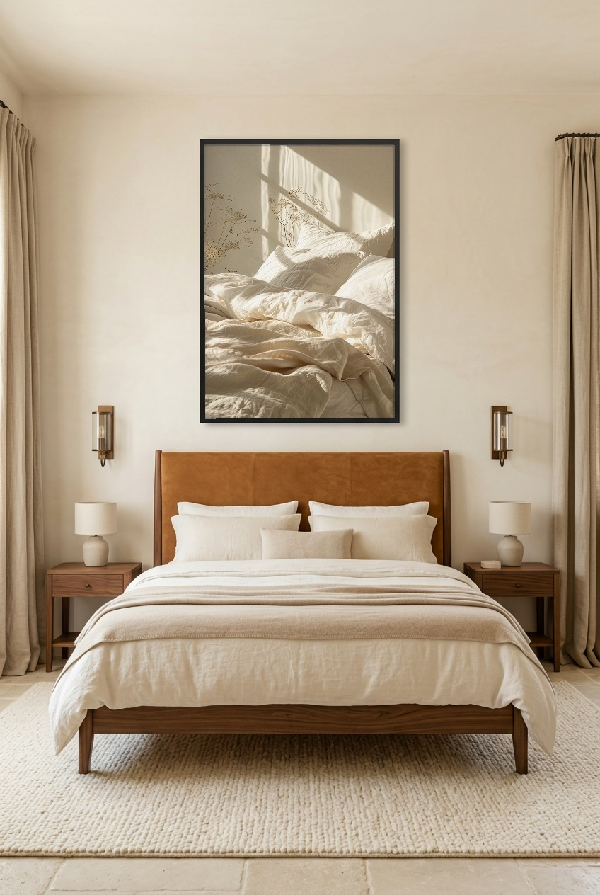 Le Lit du Matin — póster con marco negro en un dormitorio