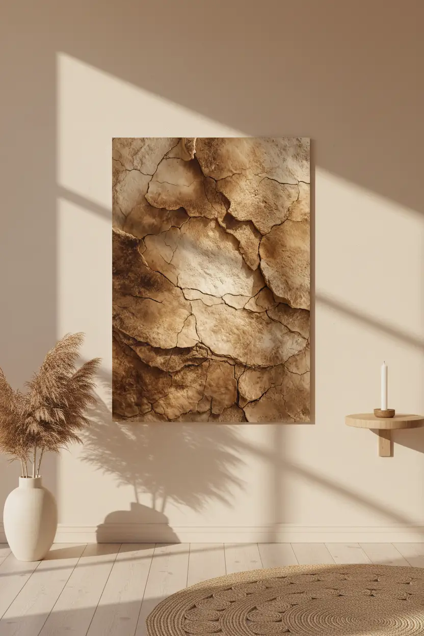 La Terre Fendue — Affiche murale minimaliste minérale sable, affiche murale minimaliste avec cadre bois, décoration murale salon ou chambre, style méditerranéen