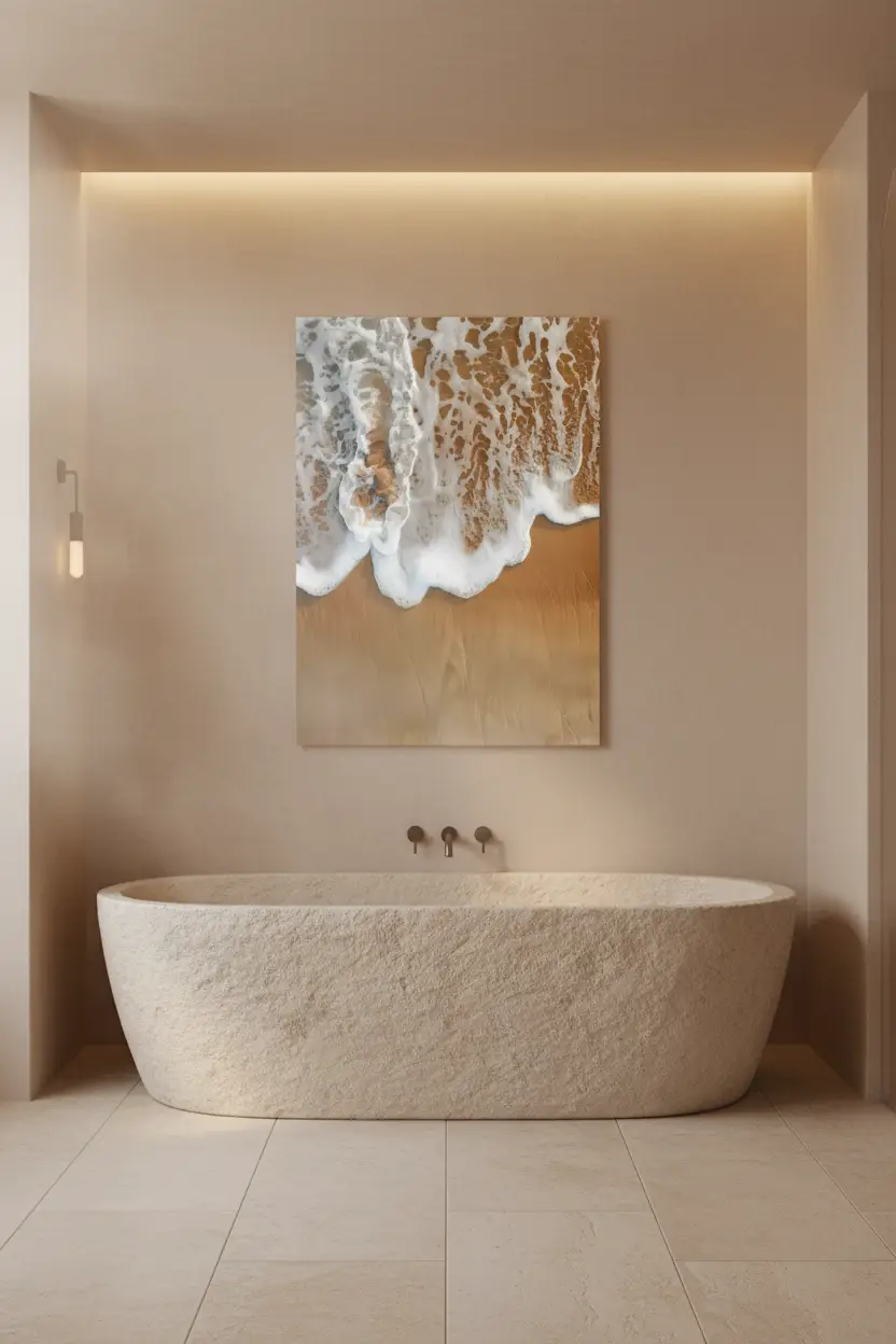 L’Écume Dorée — Affiche murale minimaliste sable doré écume blanche vue aérienne mer — affiche murale minimaliste | Cassili-home