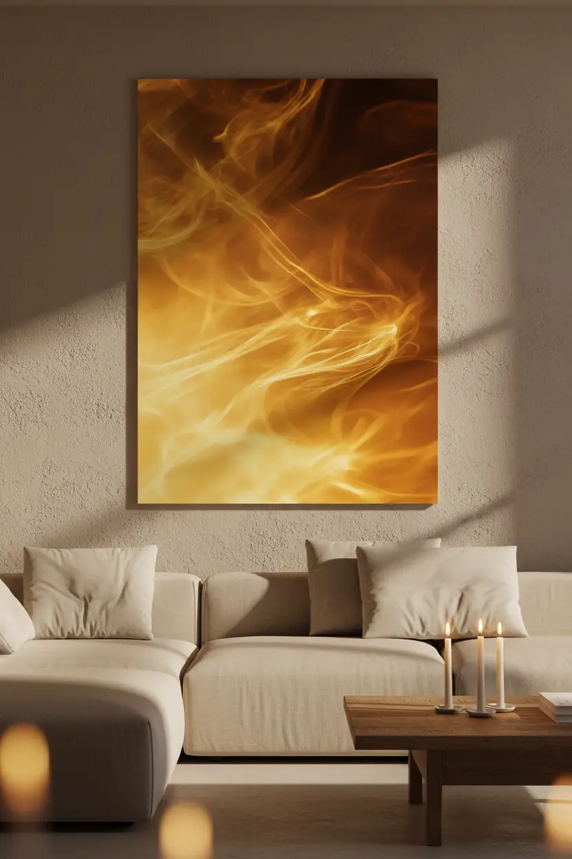 L’Âme du Feu — Affiche murale minimaliste flammes dorées ambré volutes lumière abstraite — affiche murale minimaliste | Cassili-home
