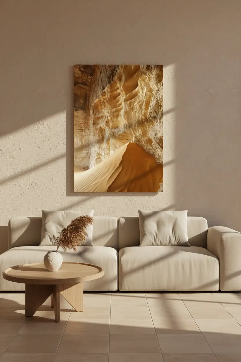 La Gorge d’Or — Affiche murale minimaliste grès ocre ivoire gorge canyon dune sable minéral — affiche murale minimaliste | Cassili-home