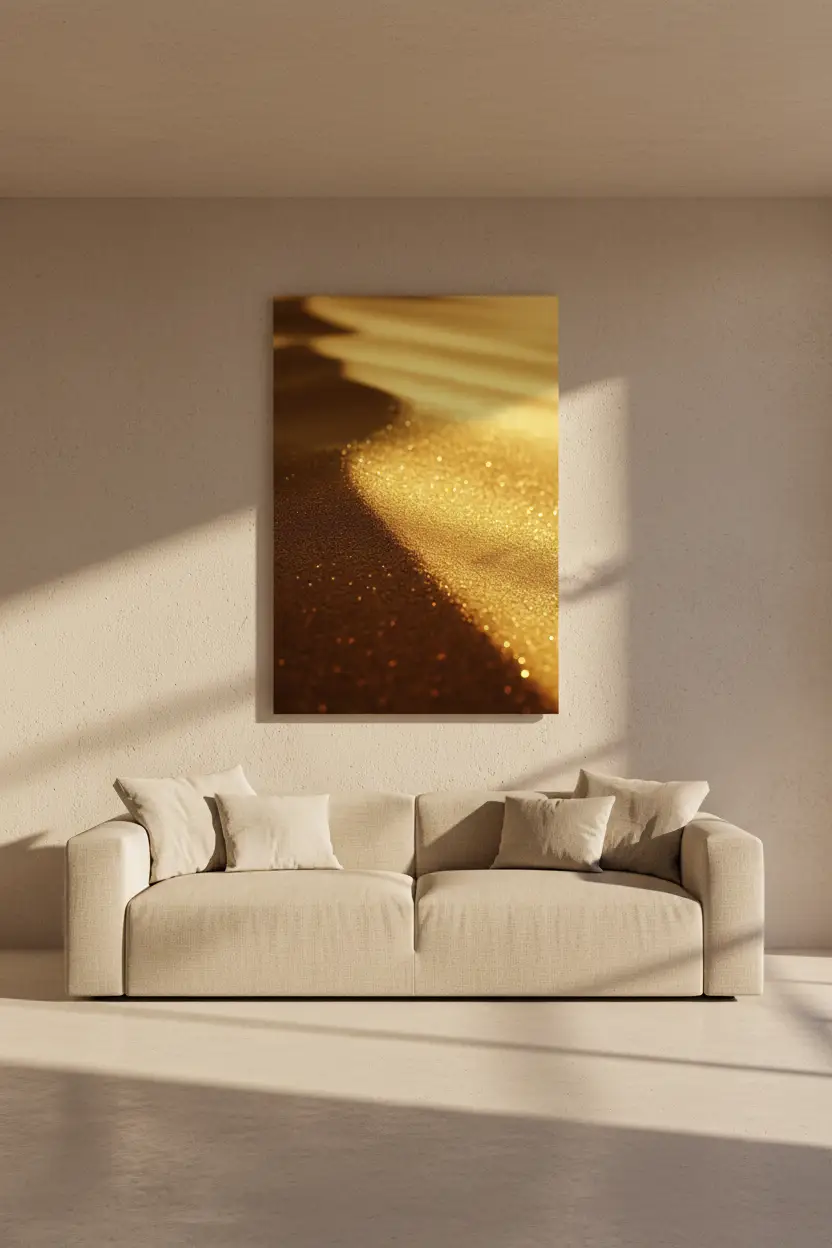 La Poudre d’Or — Affiche murale minimaliste sable doré scintillant bokeh dune lumière minéral — affiche murale minimaliste | Cassili-home