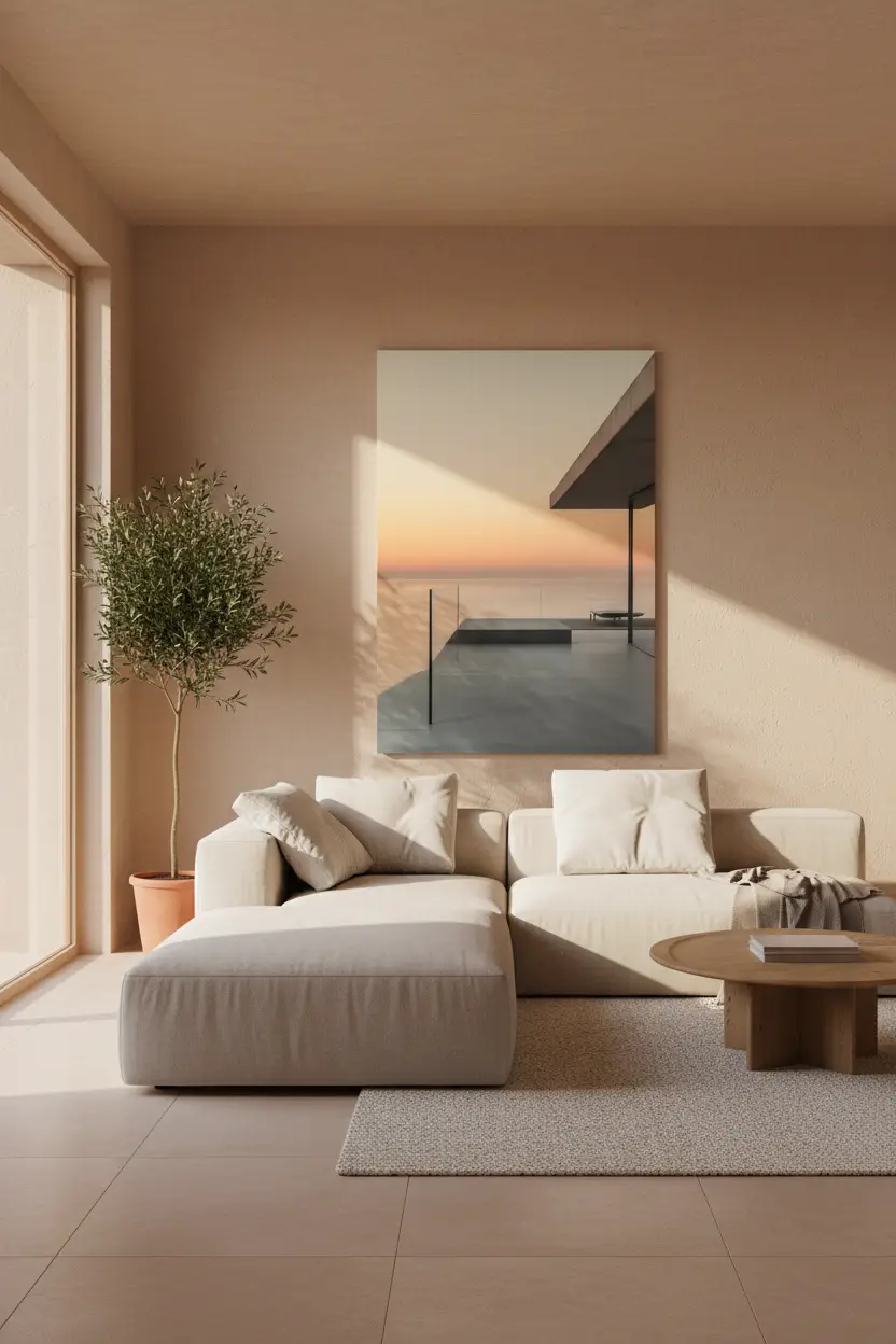 L’Heure Dorée — Affiche murale minimaliste pêche rosé béton mer coucher de soleil architecture — affiche murale minimaliste | Cassili-home