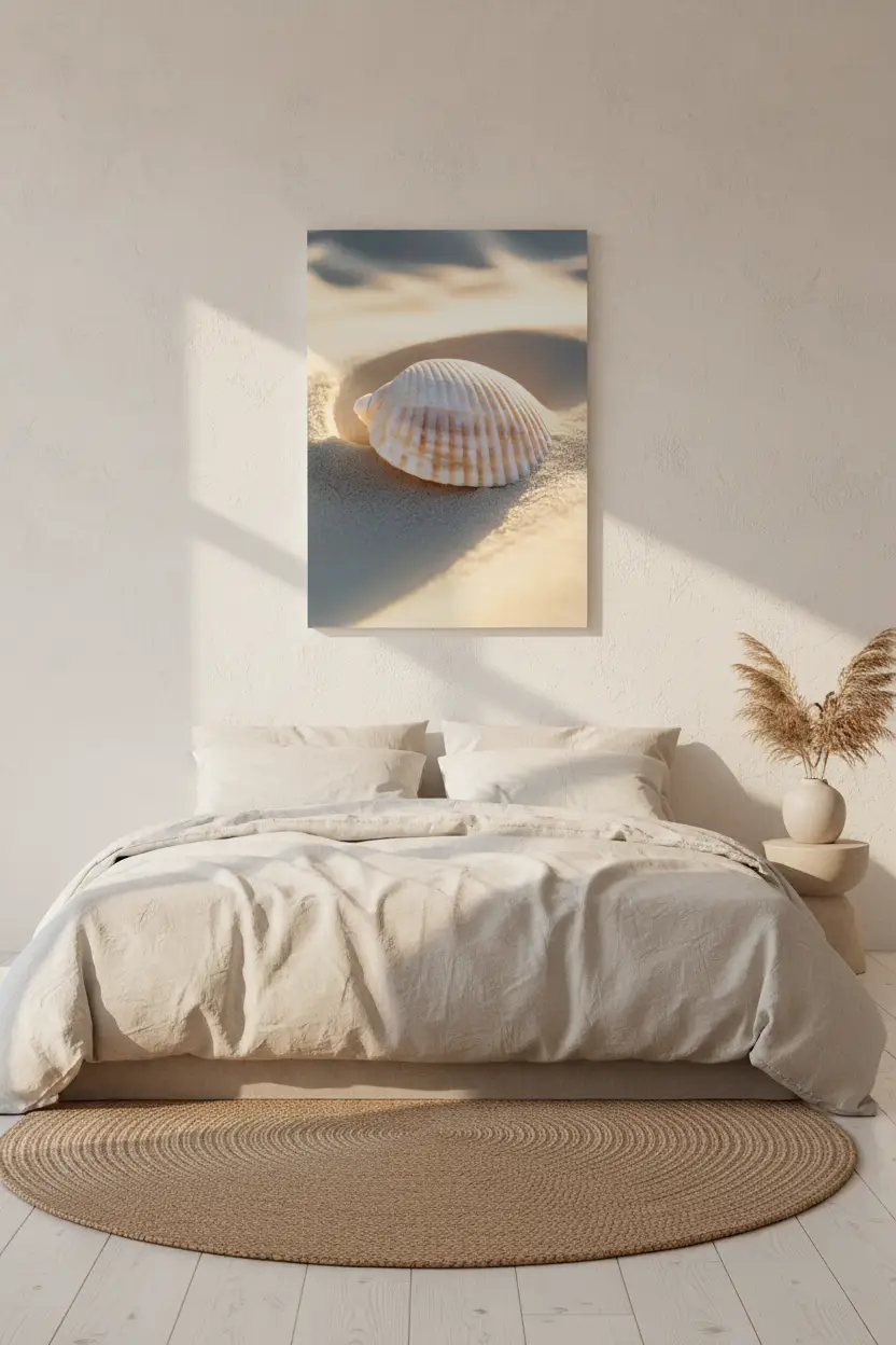 L’Oubliée — Affiche murale minimaliste coquille ivoire sable doré lumière rasante nature mer — affiche murale minimaliste | Cassili-home