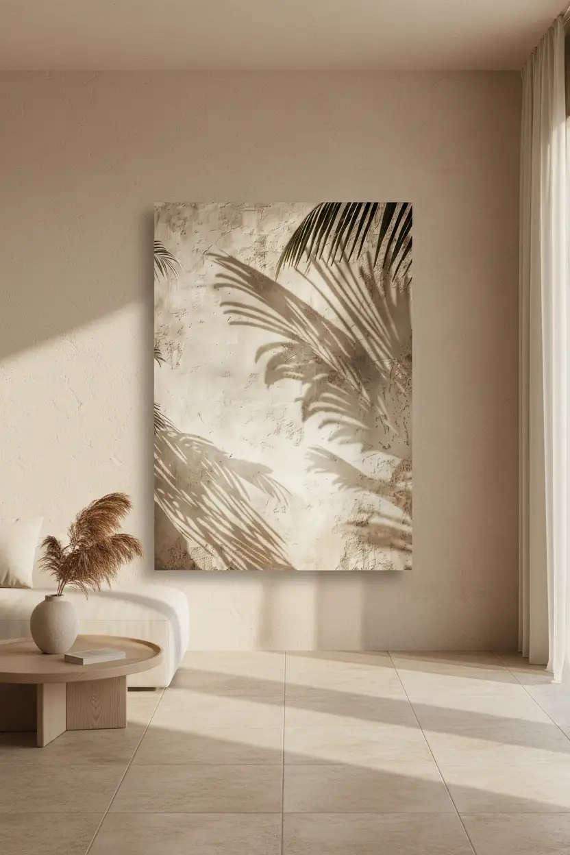 Les Ombres du Patio — Affiche murale minimaliste sable végétal, affiche murale minimaliste avec cadre bois, décoration murale salon ou chambre, style méditerranéen