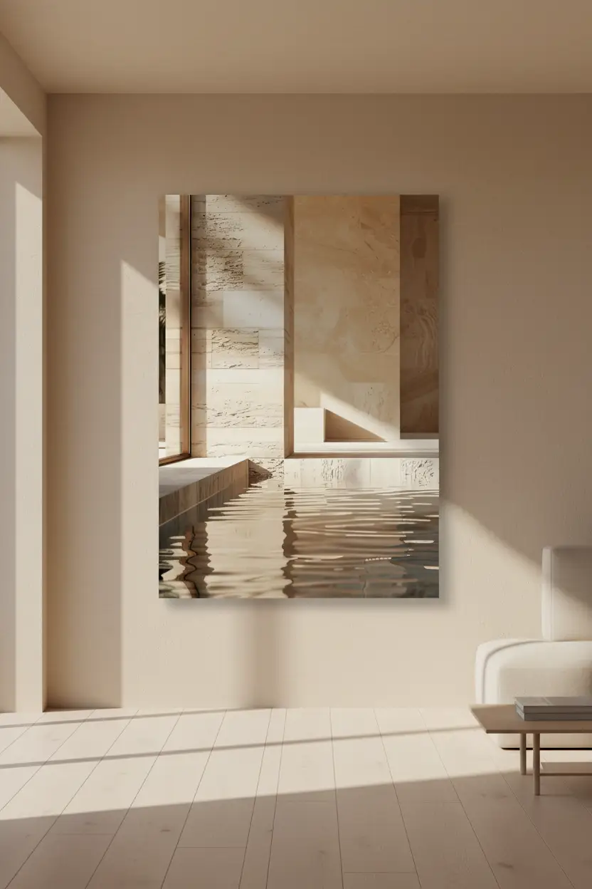 Le Bain de Travertin — Affiche murale minimaliste sable architecture, affiche murale minimaliste avec cadre bois, décoration murale salon ou chambre, style méditerranéen