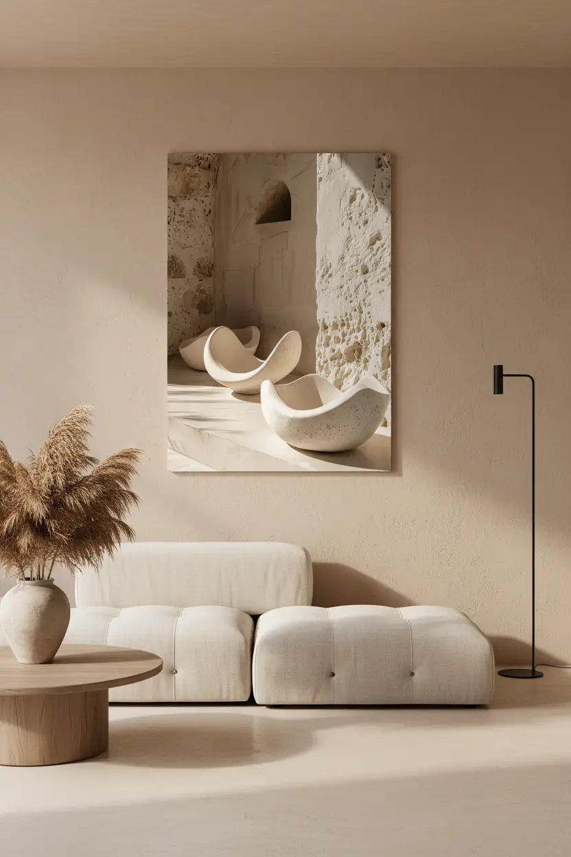 Les Coques de Pierre — Affiche murale minimaliste sable minéral, affiche murale minimaliste avec cadre bois, décoration murale salon ou chambre, style méditerranéen