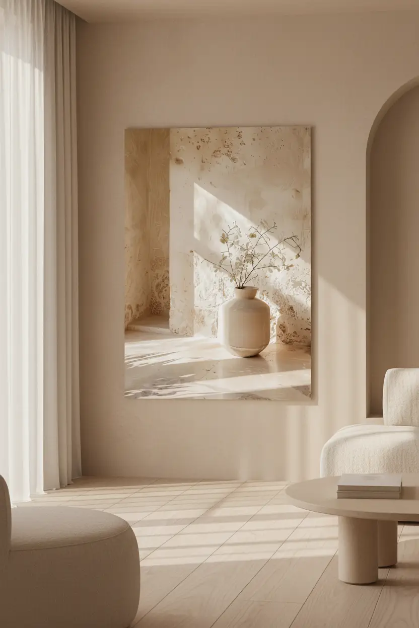 Le Vase dans la Niche — Affiche murale minimaliste ivoire végétal, affiche murale minimaliste avec cadre bois, décoration murale salon ou chambre, style méditerranéen