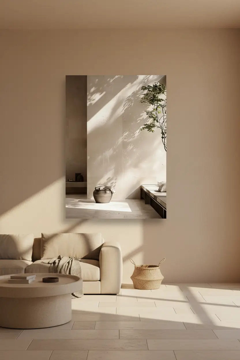 L'Ombre du Feuillage — Affiche murale minimaliste ivoire végétal, affiche murale minimaliste avec cadre bois, décoration murale salon ou chambre, style méditerranéen