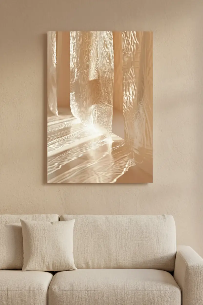 Le Voile de Verre — Affiche murale minimaliste ivoire verre lumière architecture, affiche murale minimaliste avec cadre bois, décoration murale salon ou chambre, style méditerranéen
