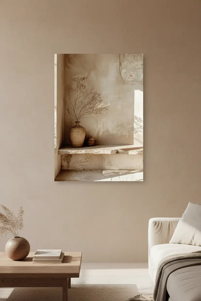 L'Angle aux Branches Séchées — Affiche murale minimaliste sable architecture, affiche murale minimaliste avec cadre bois, décoration murale salon ou chambre, style méditerranéen