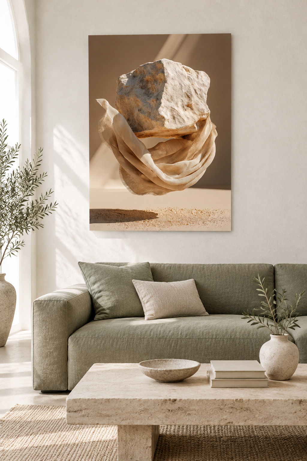 Der umhüllte Fels in einem mediterranen Wohnzimmer