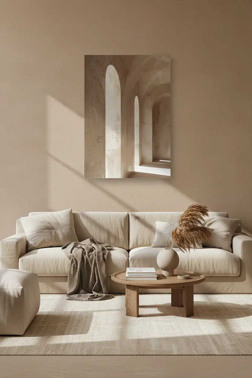 L'Allée des Voûtes — Affiche murale minimaliste beige architecture, affiche murale minimaliste avec cadre bois, décoration murale salon ou chambre, style méditerranéen