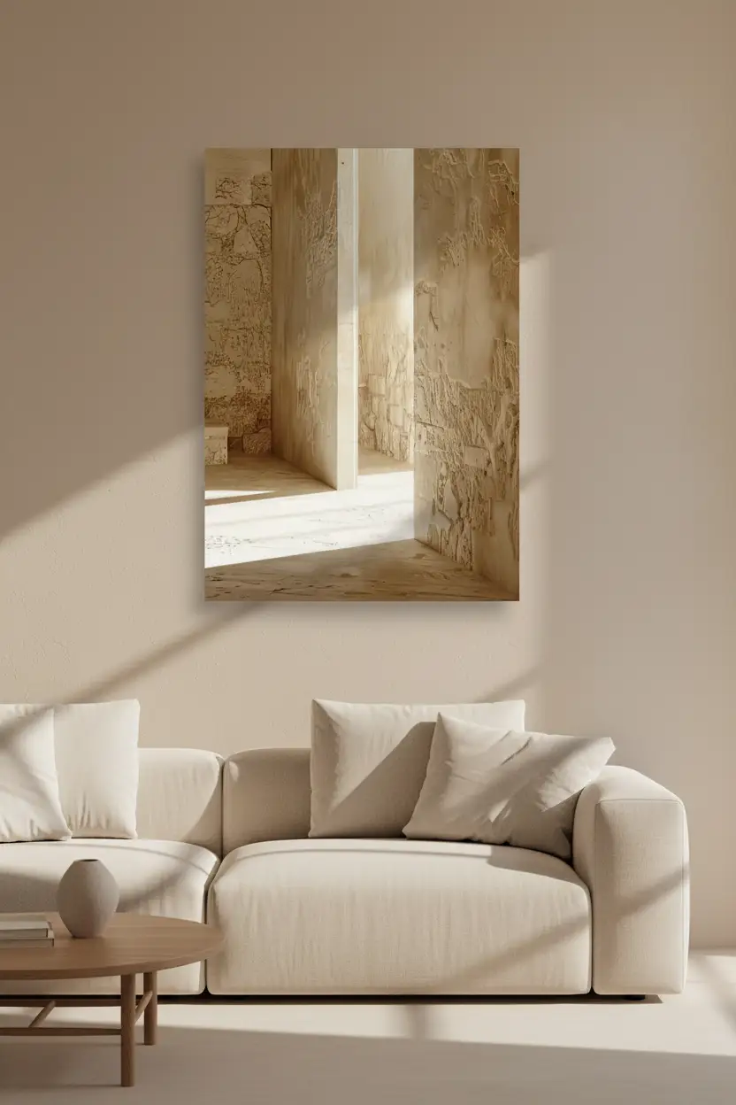 La Fente de Lumière — Affiche murale minimaliste pierre calcaire brute fente lumière architecture, affiche murale minimaliste avec cadre bois, décoration murale salon ou chambre, style méditerranéen