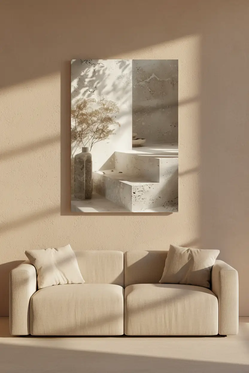 Le Vase et l’Escalier — Affiche murale minimaliste travertin sable architecture méditerranéenne, affiche murale minimaliste avec cadre bois, décoration murale salon ou chambre, style méditerranéen