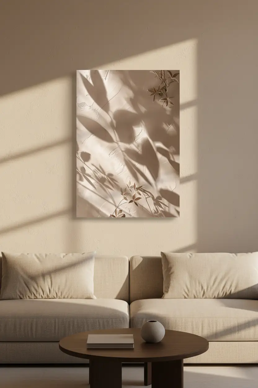 Les Ombres du Nandina — Affiche murale minimaliste ombres feuillage enduit sable lumière dorée végétal, affiche murale minimaliste avec cadre bois, décoration murale salon ou chambre, style méditerranéen