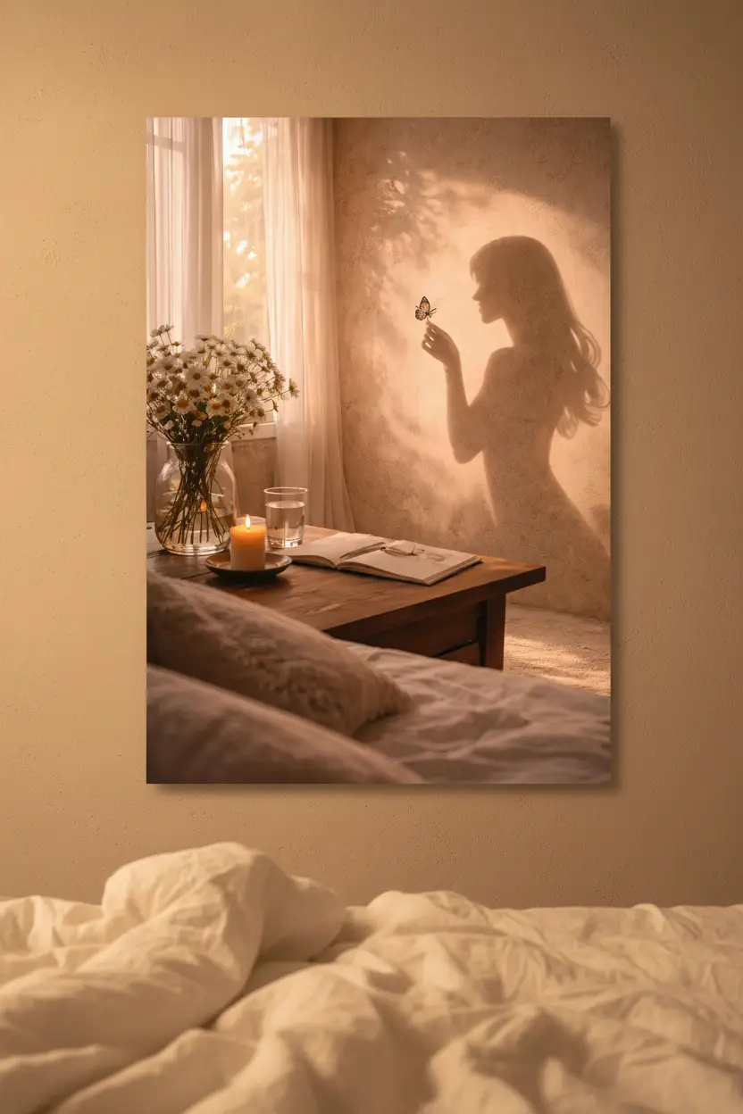 L’Instant Fragile — Affiche murale minimaliste silhouette féminine papillon lumière dorée, affiche murale minimaliste avec cadre bois, décoration murale salon ou chambre, style méditerranéen