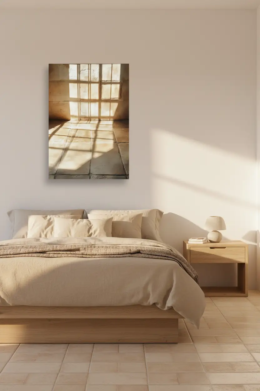 L'Heure des Ombres — Minimalistische gouden schaduwen raam wandposter