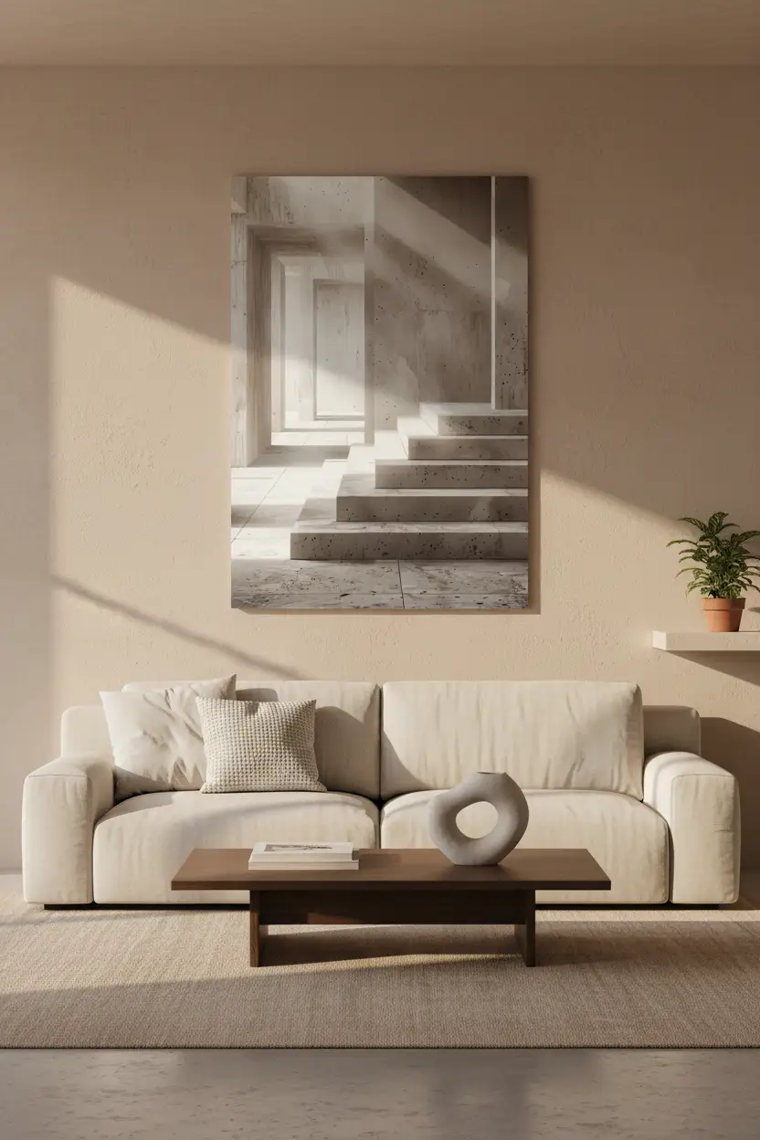 Le Couloir des Niches — Affiche murale minimaliste travertin perspective architecture lumière, affiche murale minimaliste avec cadre bois, décoration murale salon ou chambre, style méditerranéen