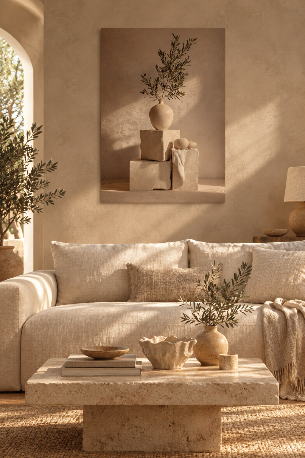 Poster The Chalk Balance — spherical vase resting on chalk blocks, hung in a living room with ochre walls