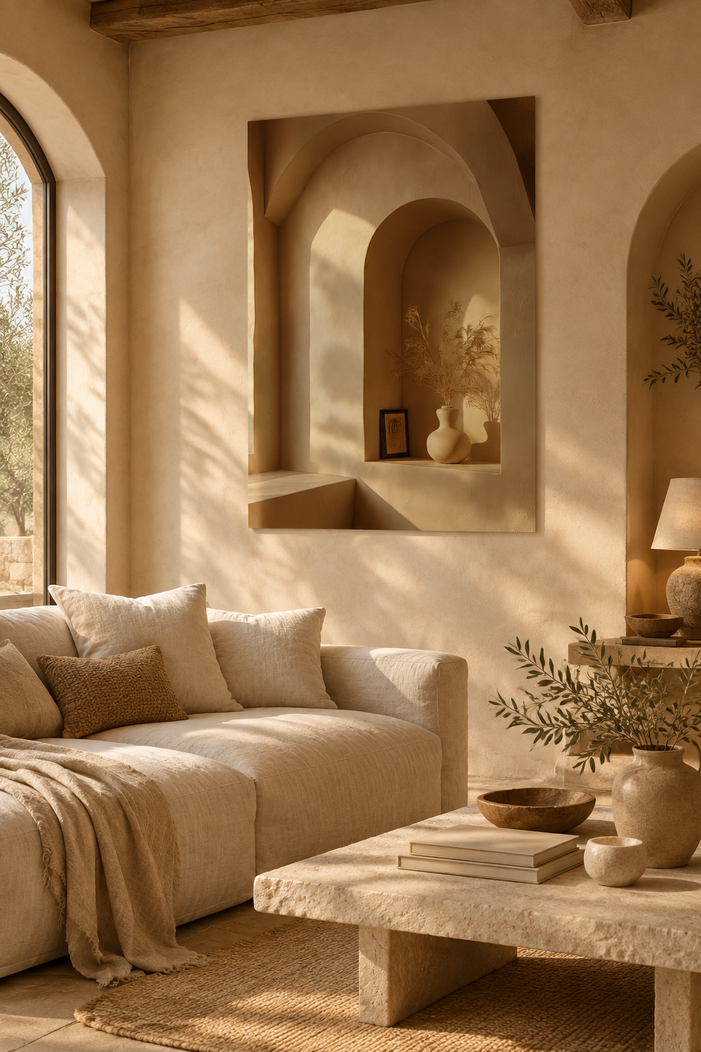 Poster The Apse of Vases — vaulted niche sheltering pale vessels, hung in a living room with ochre walls