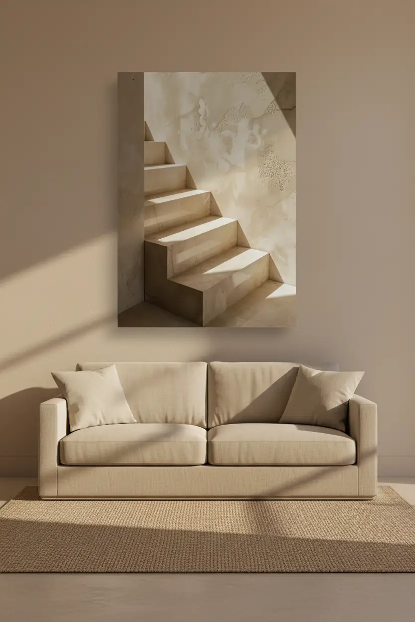 L’Escalier de Nacre — Affiche murale minimaliste escalier tadelakt ivoire lumière architecture, affiche murale minimaliste avec cadre bois, décoration murale salon ou chambre, style méditerranéen
