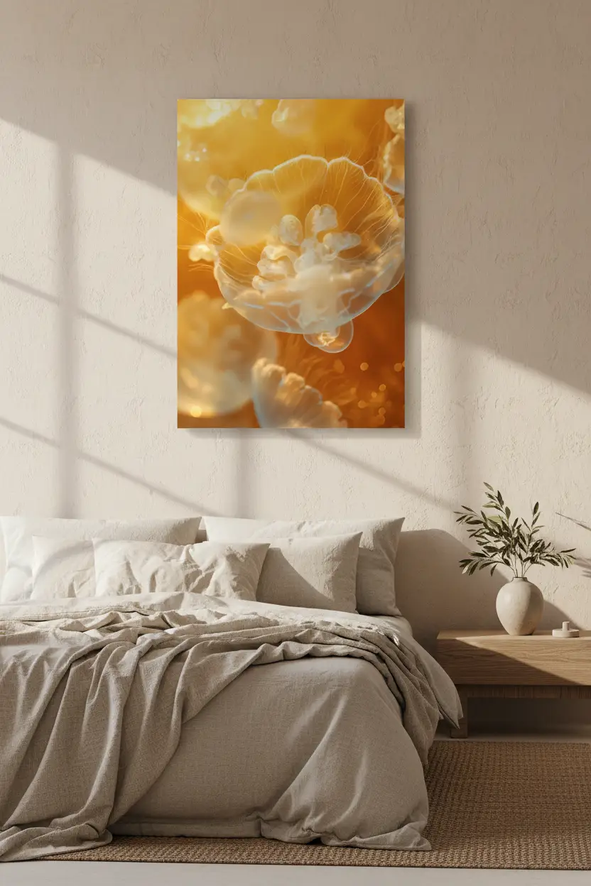 La Méduse — Póster minimalista de pared ámbar dorado medusa translúcida