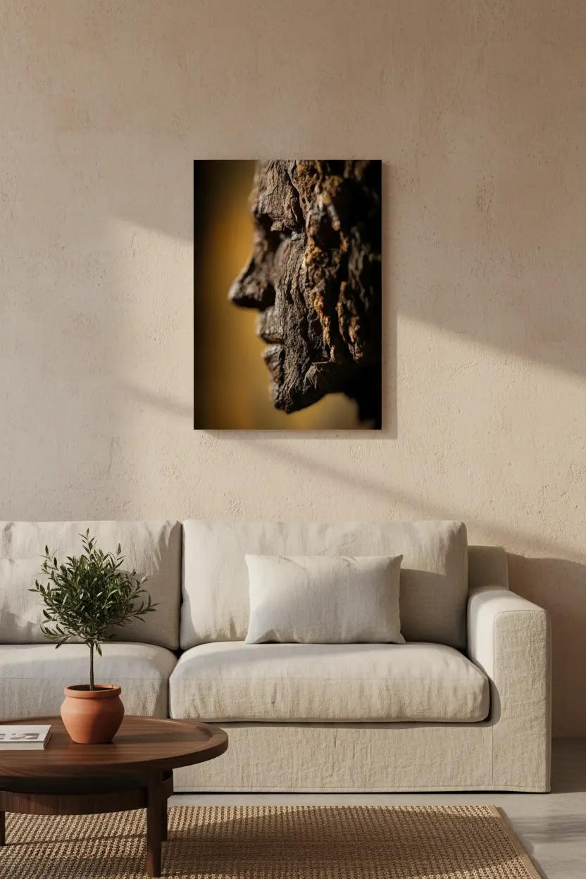 Le Profil de l'Écorce — Affiche murale minimaliste brun or écorce visage profil abstrait — affiche murale minimaliste | Cassili-home