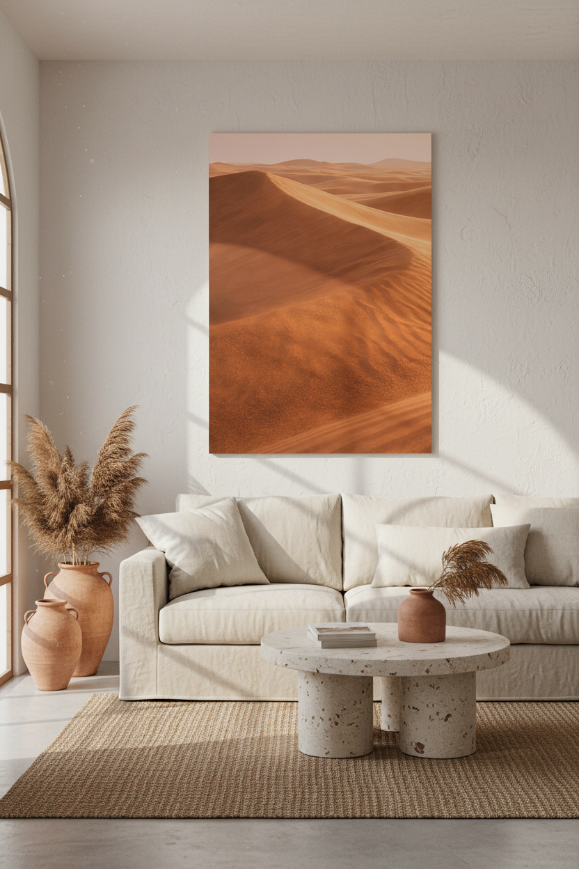 La Mer de Sable — affiche murale minimaliste dunes ocre du désert, panneau gauche du triptyque Le Grand Désert
